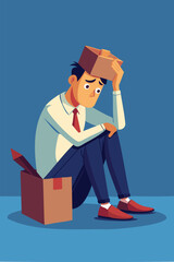 Depressed entrepreneur sitting with box on head, feeling shameful and unable to face society after business failure, bankruptcy, or unlucky misfortune