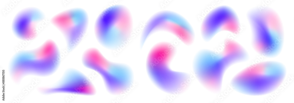 Poster iridescent chrome drops or hologram irregular freeform organic shapes. color gradient circle backgro