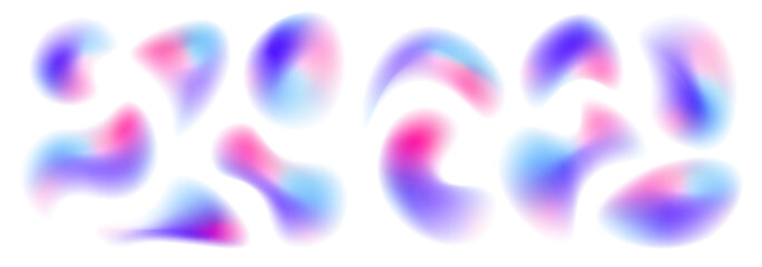 Iridescent chrome drops or hologram irregular freeform organic shapes. Color gradient circle backgrounds, abstract colors blend mesh with soft neon light, vector shapes. PNG	