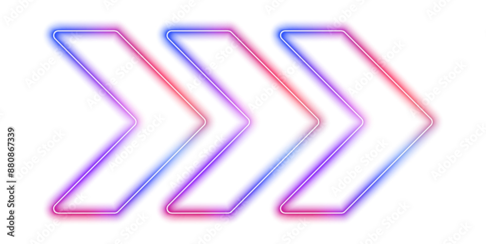 Poster glowing neon sign of movement, speed, outline arrow pointer silhouette on white background png. retr