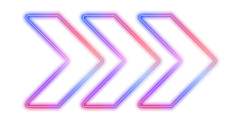 Glowing neon sign of movement, speed, outline arrow pointer silhouette on white background PNG. Retro sign with bright neon arrows in pink, blue, purple and blue.  © Mirotvoric
