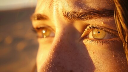 Fototapeta premium A close-up image of a person, eyes reflecting worry, with a dry, barren landscape in the background