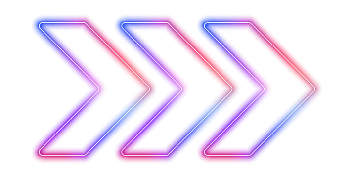 Glowing neon sign of movement, speed, outline arrow pointer silhouette on white background PNG. Retro sign with bright neon arrows in pink, blue, purple and blue. 