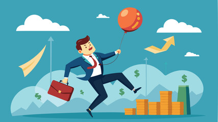 Businessman investor holds flying balloon tightly, fearing fall as financial bubble inflates from QE injected money concept