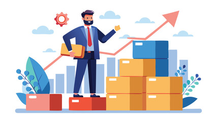 Lean Startup Methodology: Agile Management for Fast Product Launch, Businessman Shows Growth Graph on Box Stack