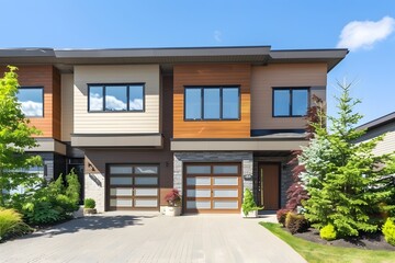 Modern Townhouse with Garage Doors and Landscaping