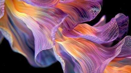 Obraz premium A close-up of pastel yellow and lavender fish fins, intricate designs, black background