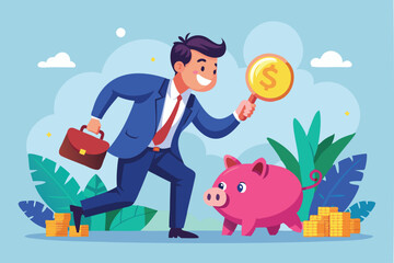 Businessman Investor with Piggy Bank Hunting for Dollar Money Return in Best Investment Search