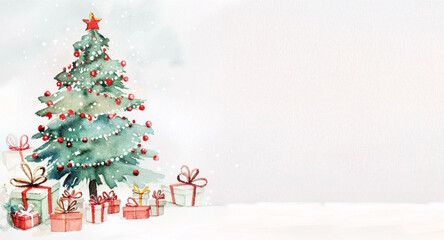 horizontal watercolor Christmas card with christmas tree and decorations. For the new year celebration, banner, design, print, poster