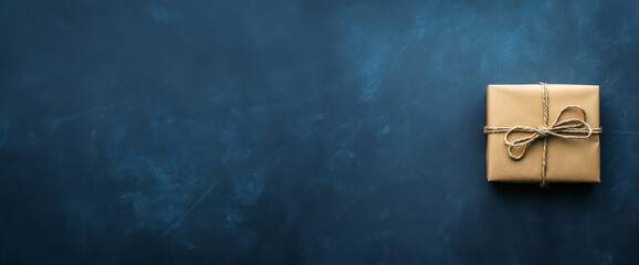 top view, horizontal image, Christmas gift box with decoration. Isolated dark blue background, copy space for text. For new year, balck friday, banner, design, shop, linkedin, commercial, cyber monday