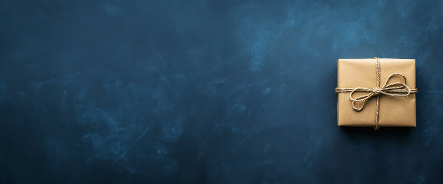 top view, horizontal image, Christmas gift box with decoration. Isolated dark blue background, copy space for text. For new year, balck friday, banner, design, shop, linkedin, commercial, cyber monday