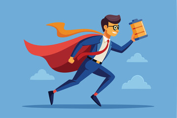 Energetic businessman superhero carries fully recharged battery, symbolizing refreshed energy to work efficiently and recover from burnout