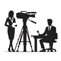 News reporter with cameraman silhouette vector isolated on a white background