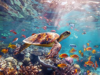 Fototapeta premium vibrant underwater scene featuring sea turtle surrounded by colorful tropical fish crystal clear waters with streaming sunlight rich marine ecosystem portrayed with vivid coral reef backdrop