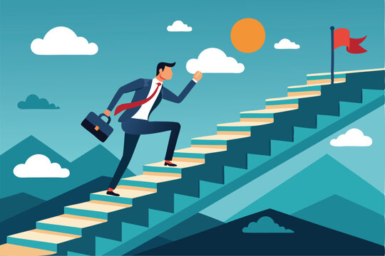 Overcoming Challenges: Businessman Climbs Stairs, Encountering Massive Obstacle on Path to Success