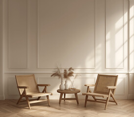 Fototapeta premium Minimalist Living Room with Wooden Chairs, Small Table, and Pampas Grass Decor in Soft Natural Light