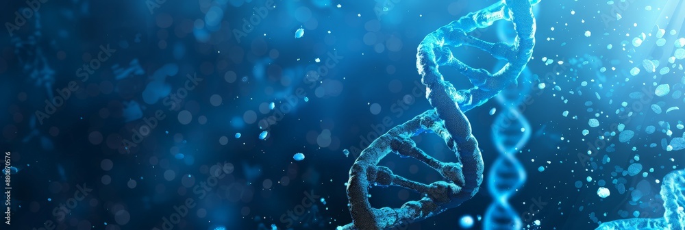 Poster digital blue dna helix structure with glowing particles. ideal for genetic research and medical inno