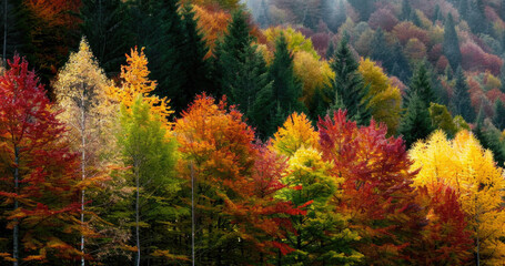 Magnificent colors of autumn. Fall landscape with forest trees in the mountains