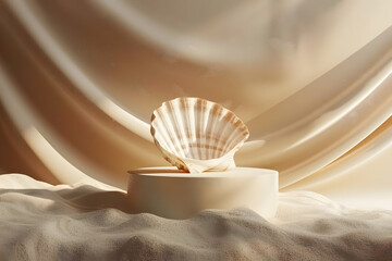 abstract empty podium seashell for cosmetic product presentation beige object placement background 3d rendering