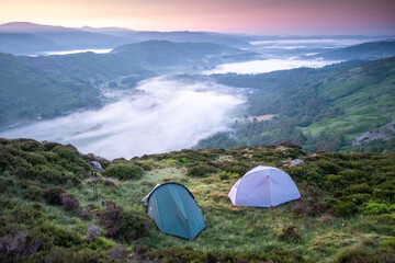 Camping in the mountains at sunrise