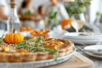 Thanksgiving family dinner. Traditional apple pie and vegan meal close up, with blurred happy people around the table celebrating the holiday.	
