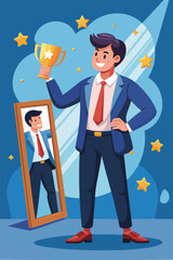 Celebrating Personal Success and Achievements, Businessman Rewarding Himself in Mirror for Motivation