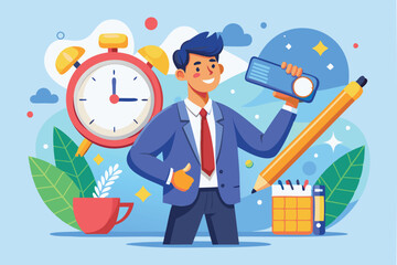 Project manager holding pencil with task on alarm clock, representing task management, productivity tools, schedules, and deadlines for efficient work