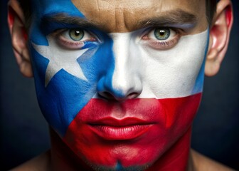 Vibrant blue, white, and red facial paint forms a stylized national flag design, symbolizing patriotism and national pride, on a close-up of a smooth face. - Powered by Adobe