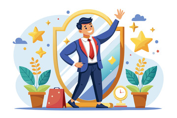 Celebrating Personal Success and Achievements, Businessman Rewarding Himself in Mirror for Motivation