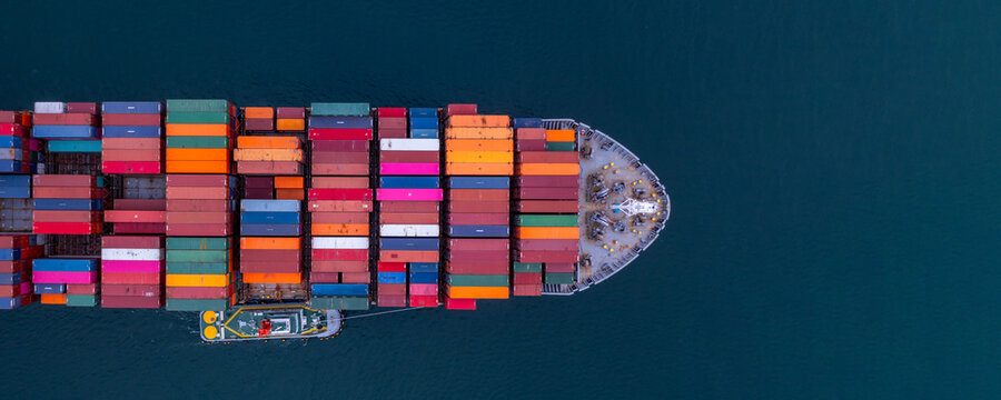 Aerial view container ship, Global business commercial freight shipping logistic import export transportation by container ship, Container ship industrial cargo business logistic freight forwarder.