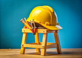 Vibrant yellow hard hat and tool belt adorn a tiny chair on a bright background, symbolizing a playful take on construction and labor themes.