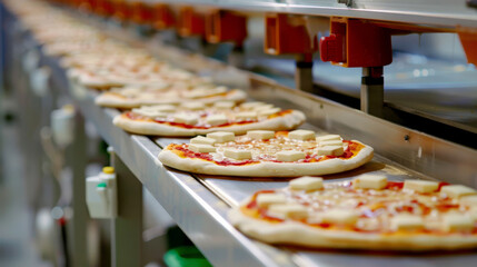A conveyor belt carries pizzas topped with cheese through an industrial kitchen, creating an appetizing assembly line of deliciousness.