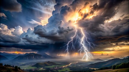 Hyperrealistic Dark Stormy Sky Above a Vast Valley with Lightning and Fog. Perfect for: Nature Photography, Dramatic Themes, Inspirational Art