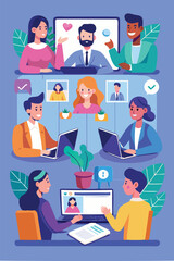 Remote work team conducts online meeting, virtually discussing business from home and office via video conference on laptop computers