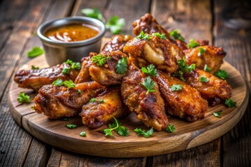 Crispy golden-brown chicken wings smothered in aromatic spice rub and drizzled with savory sauce, artistically arranged on a distressed wooden table.