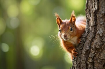 Red squirrel peeking from tree trunk with blurry green background