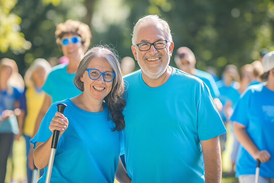 Happy volunteer senior couple looking at camera with a team. Participating in a charity, eco-friendly project, community service, or donations concept.	