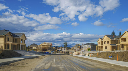 A wide view of a calm suburban neighborhood under a clear blue sky, with houses in various stages of construction.