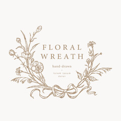 Flower Frame. Hand drawn Vintage Botanical Wreath of flowers with ribbon. Elegant logo template. Vector illustration for labels, branding business identity, wedding invitation, Monogram, Floral Crest