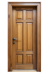 Traditional wooden door with decorative panels isolated on transparent background with clipping path cut-out