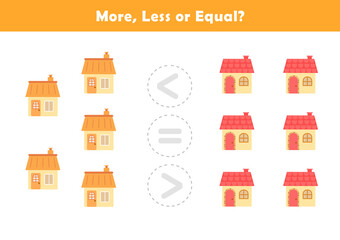  Comparison Worksheet with Cute Cartoon House for Kids. Counting Games for Preschoolers. More or Less Worksheet for Kindergarten.
