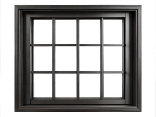Black modern window frame with multiple panes isolated on transparent background with clipping path cut-out