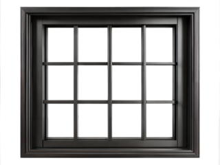 Black modern window frame with multiple panes isolated on transparent background with clipping path cut-out