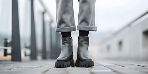 Obraz premium Modern twist on power dressing black turtleneck grey pants chunky boots. Concept Fashion, Modern Style, Power Dressing, Black Turtleneck, Chunky Boots