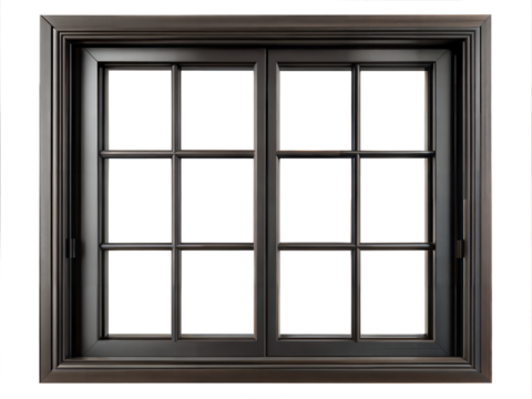 Sleek black window frame with cross design isolated on transparent background with clipping path cut-out