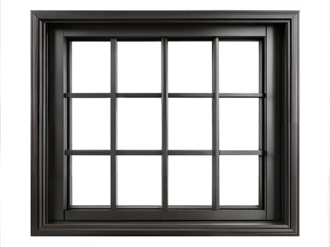 Black modern window frame with multiple panes isolated on transparent background with clipping path cut-out