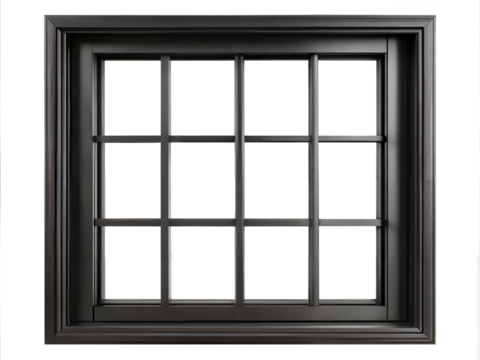 Black modern window frame with multiple panes isolated on transparent background with clipping path cut-out