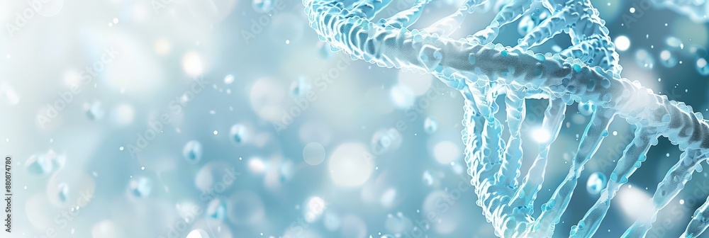 Poster Close-up view of a DNA double helix strand with a soft blue bokeh background.