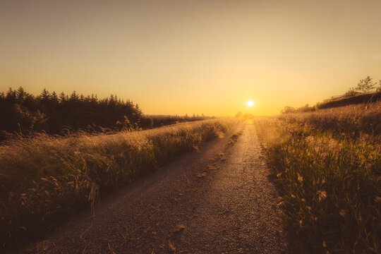 Sonnenuntergang &uuml;ber einem Feld im Westerwald vintage