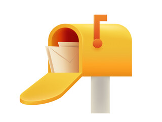 3d Realistic Mailbox with Flag and Letters Inside. Yellow Opened mailbox Icon. Ready to Accept Notification. Trend Vector Illustration.